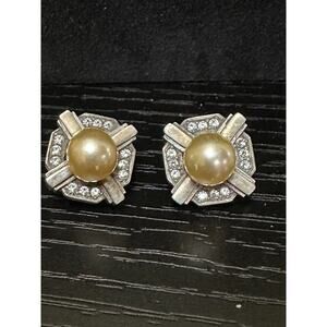 925 Sterling Silver Art Deco Pearl Rhinestone Clip Earrings FM USA Vintage‎